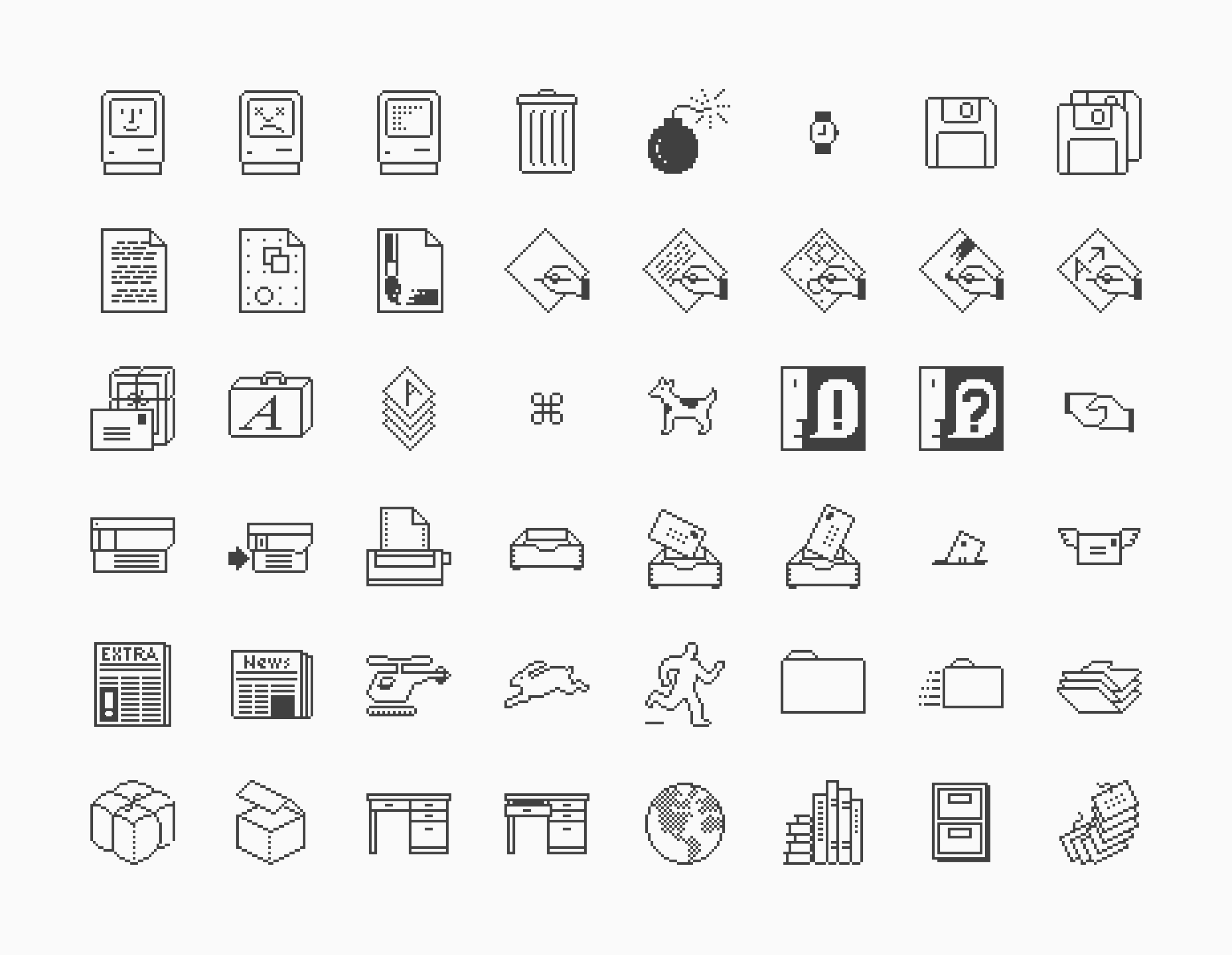 An image with overview of the 48 retro Macintosh icons