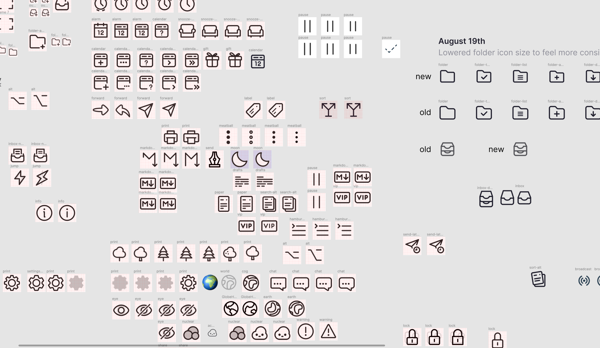 A screenshot of figma, with some old iterations of the icons