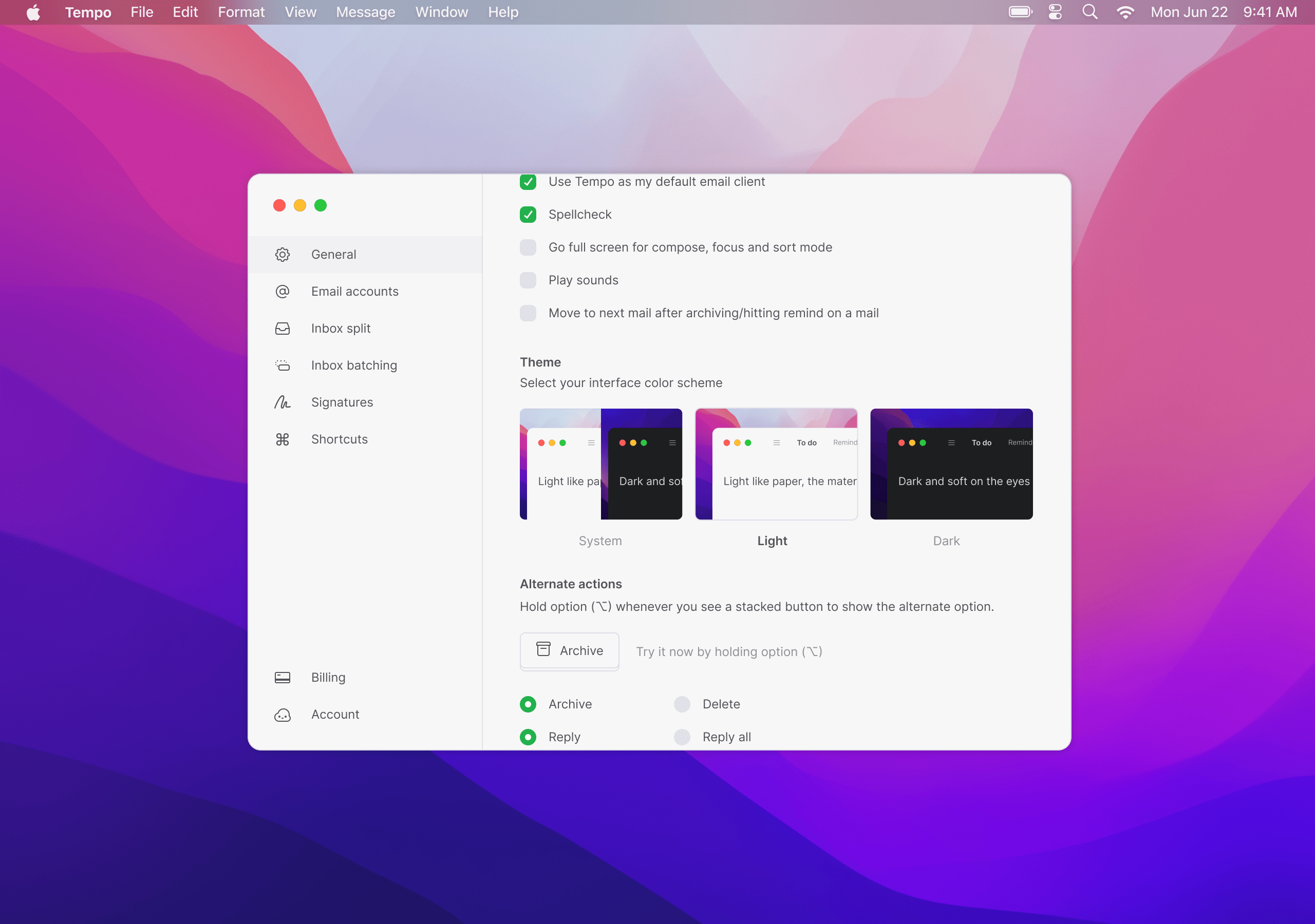 Image of Tempo's color scheme switcher in the preferences panel