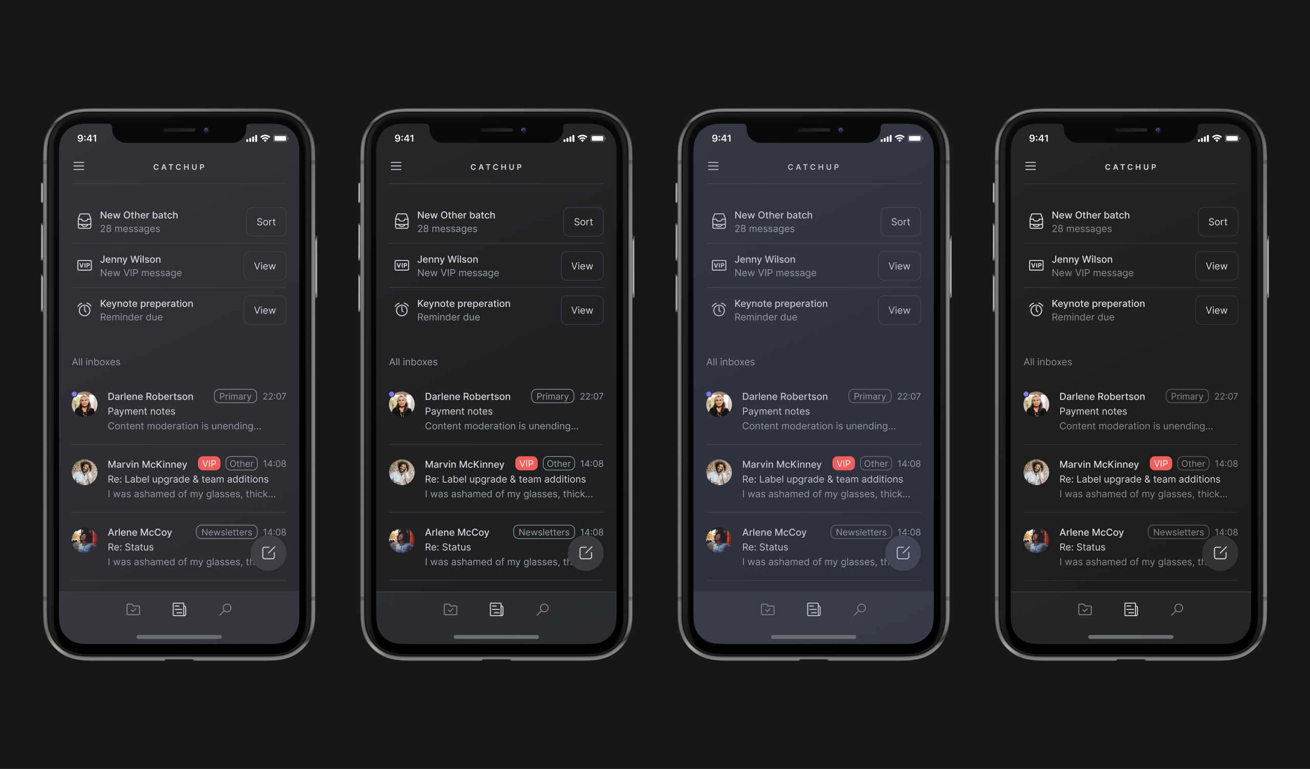 Screenshot of early dark-mode theme tryouts on iOS